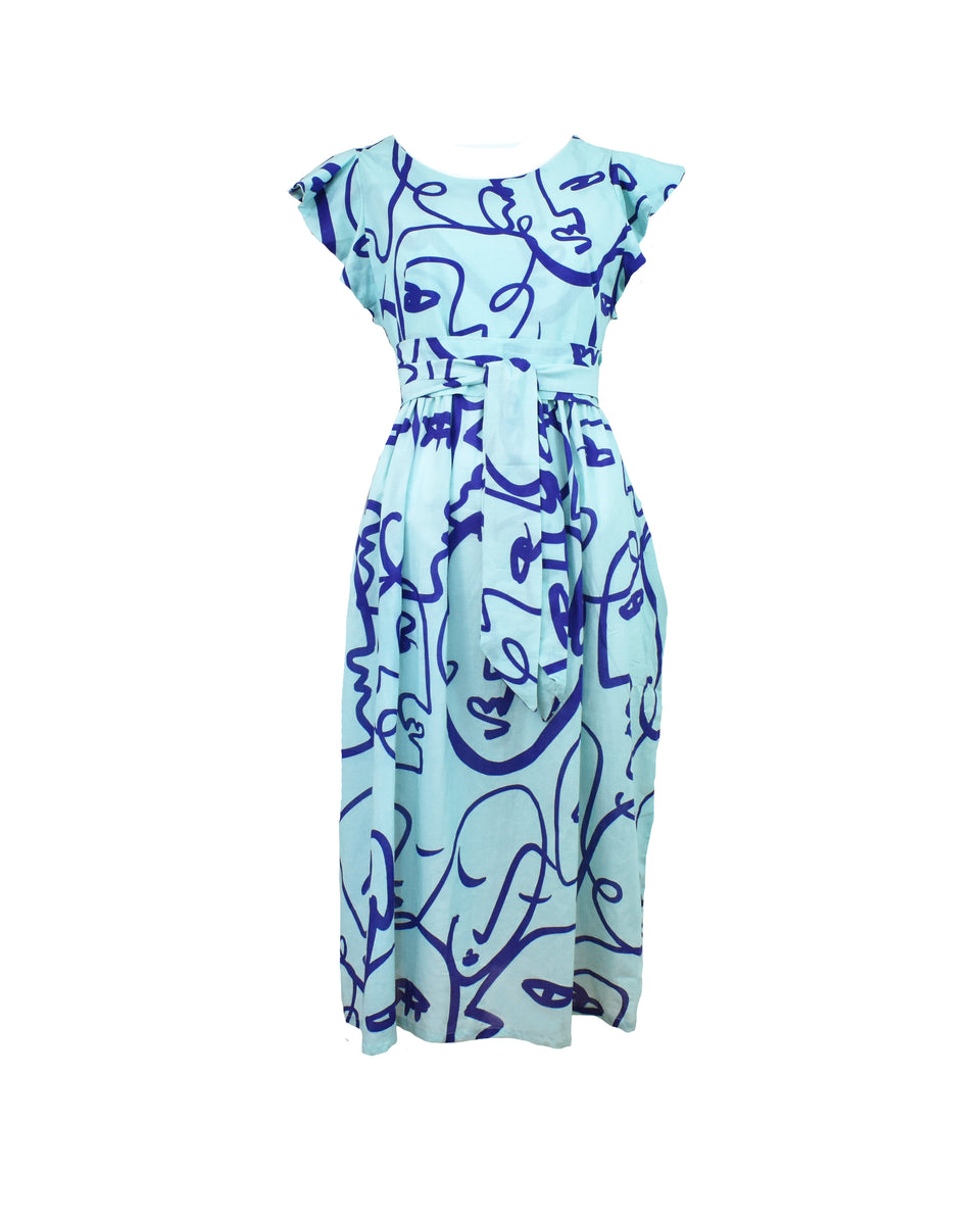Modern Faces Flutter Sleeve Midi Dress - Sea Foam /Cobalt Blue
