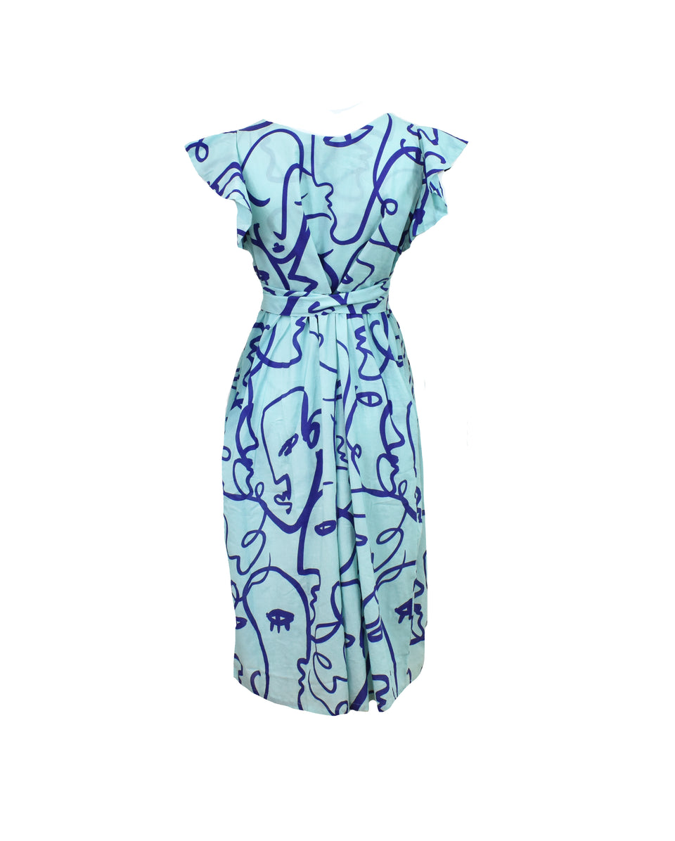 Modern Faces Flutter Sleeve Midi Dress - Sea Foam /Cobalt Blue