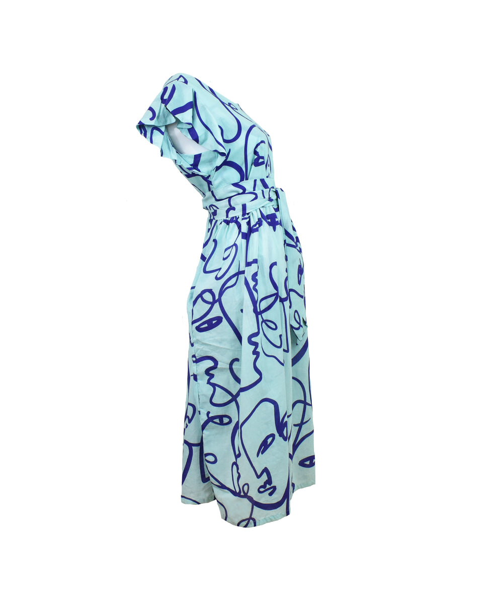 Modern Faces Flutter Sleeve Midi Dress - Sea Foam /Cobalt Blue