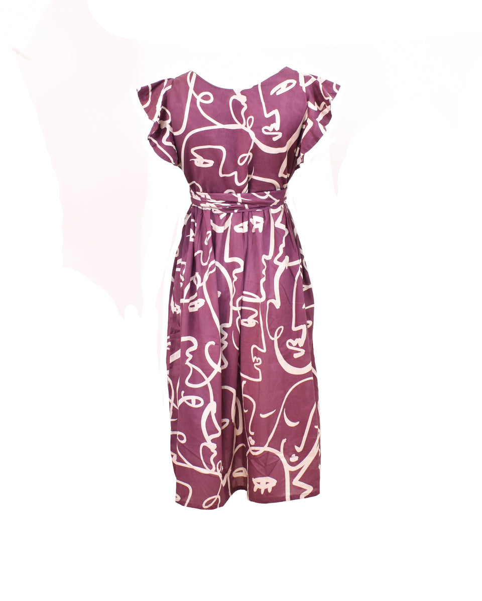 Modern Faces Flutter Sleeve Midi Dress - Burgundy Wine/Sand