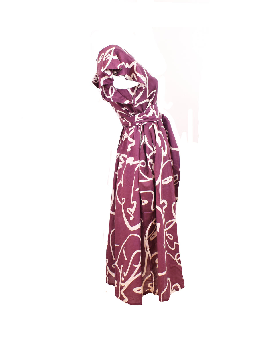 Modern Faces Flutter Sleeve Midi Dress - Burgundy Wine/Sand