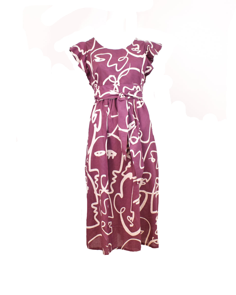 Modern Faces Flutter Sleeve Midi Dress - Burgundy Wine/Sand
