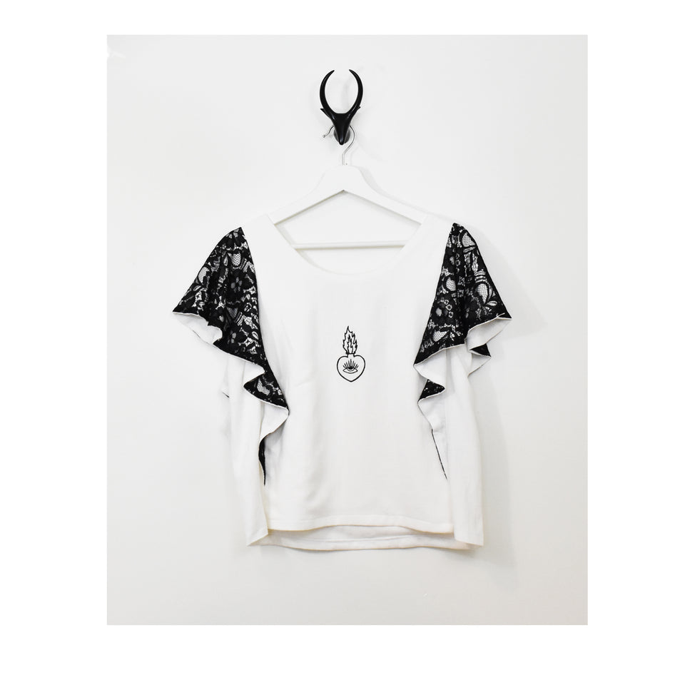 Sacred Heart Embroidered Heart Lace Ruffle Sleeve Top