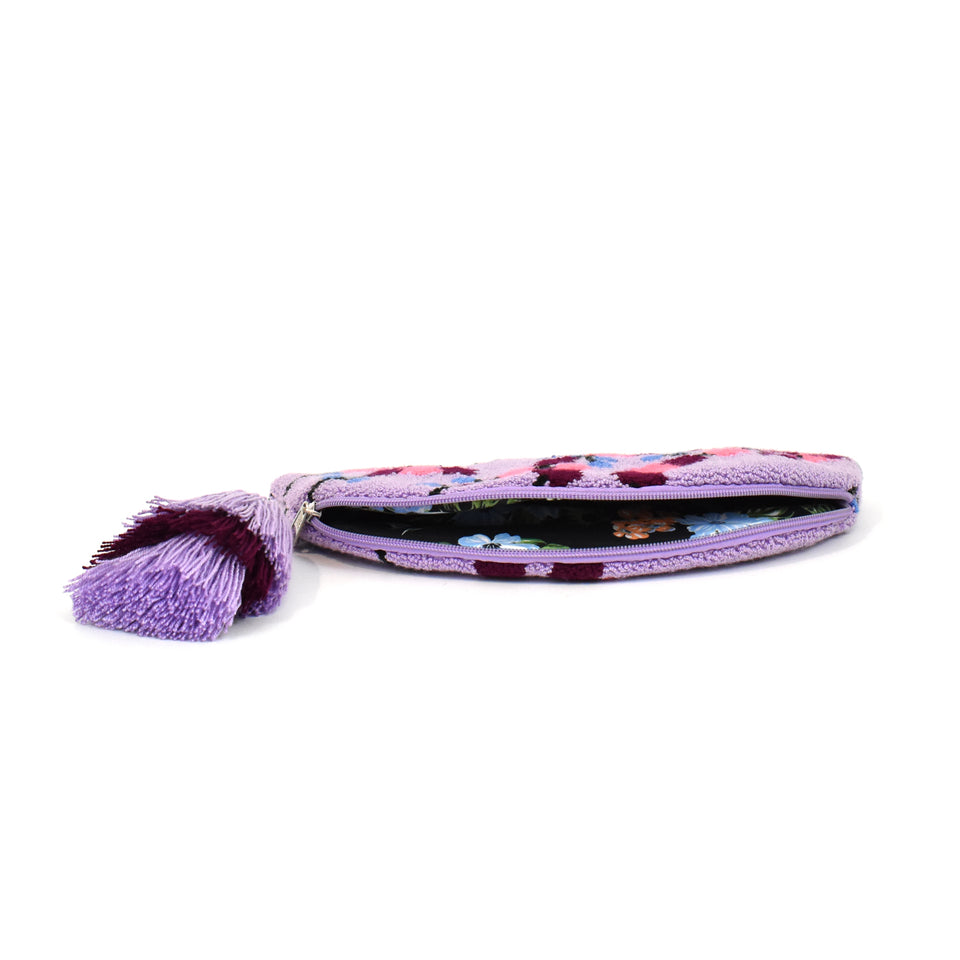 Dance Floor Fan Half Moon Clutch with Tassel and PomPom - Lilac Blossom