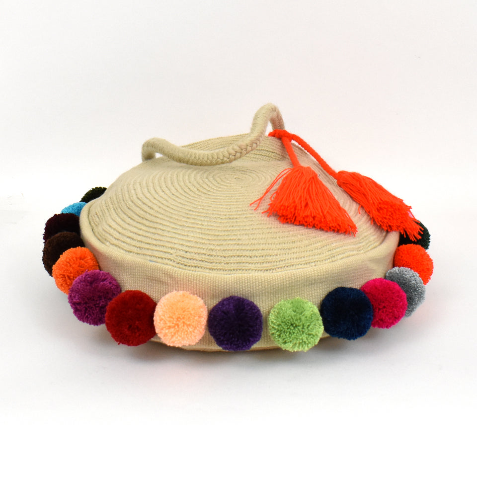 Round Pom Pom Woven Tote - Multicolour