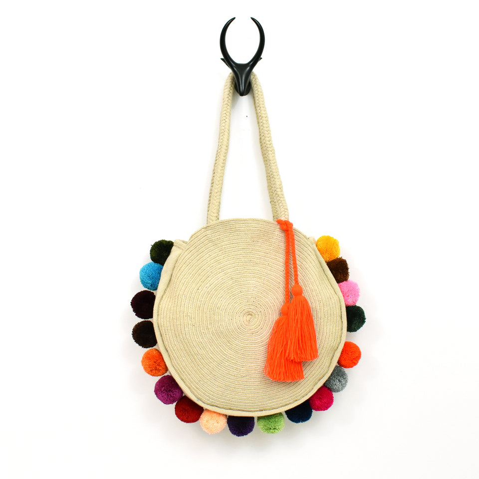 Round Pom Pom Woven Tote - Multicolour