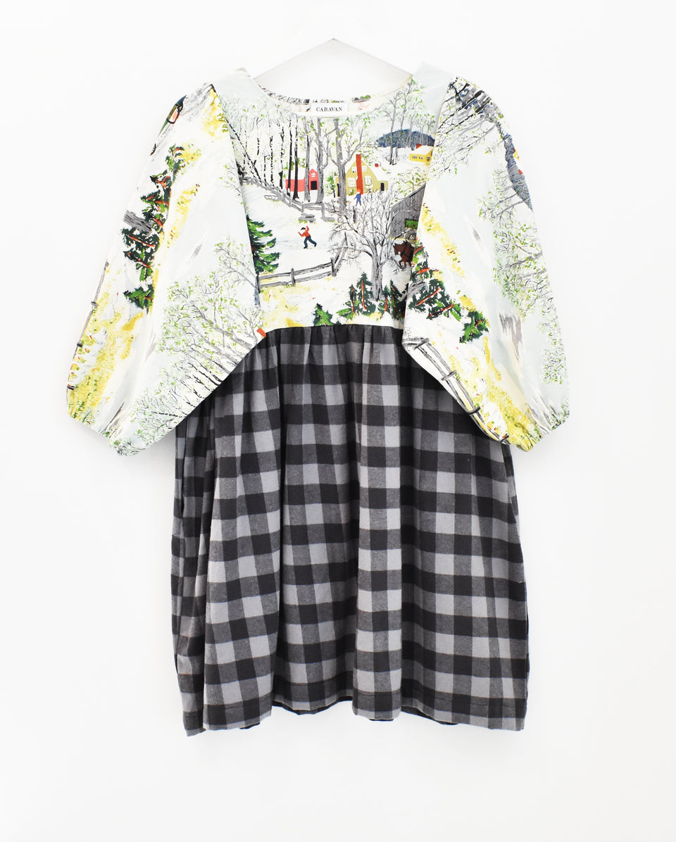 Luna Dress - Vintage Folk Art Winter Scene - Buffalo Check