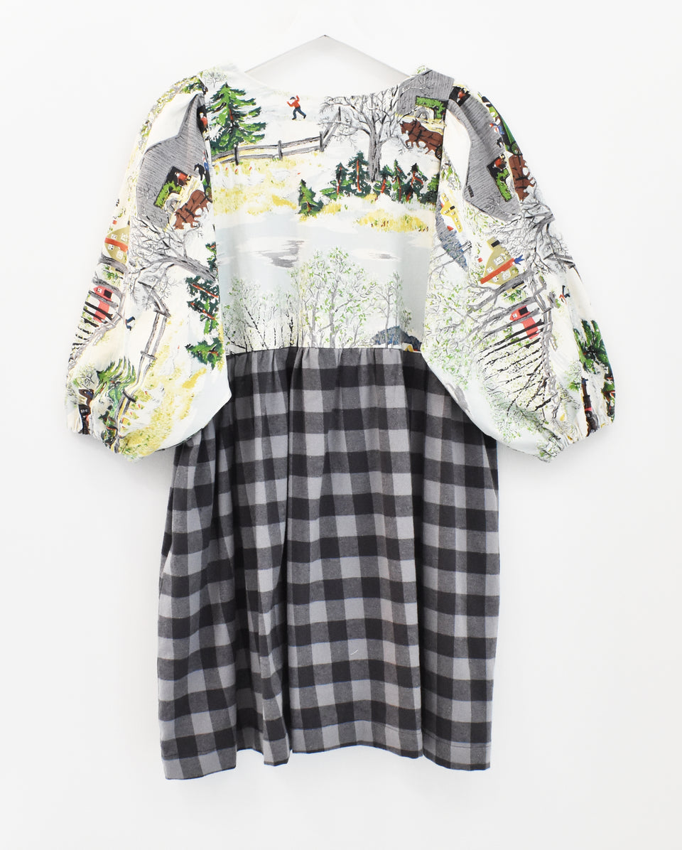 Luna Dress - Vintage Folk Art Winter Scene - Buffalo Check
