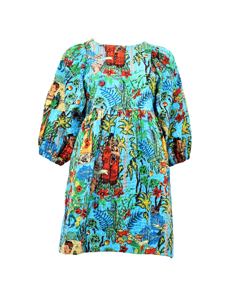 Luna Dress - Frida Kahlo Kantha Quilt - Cyan