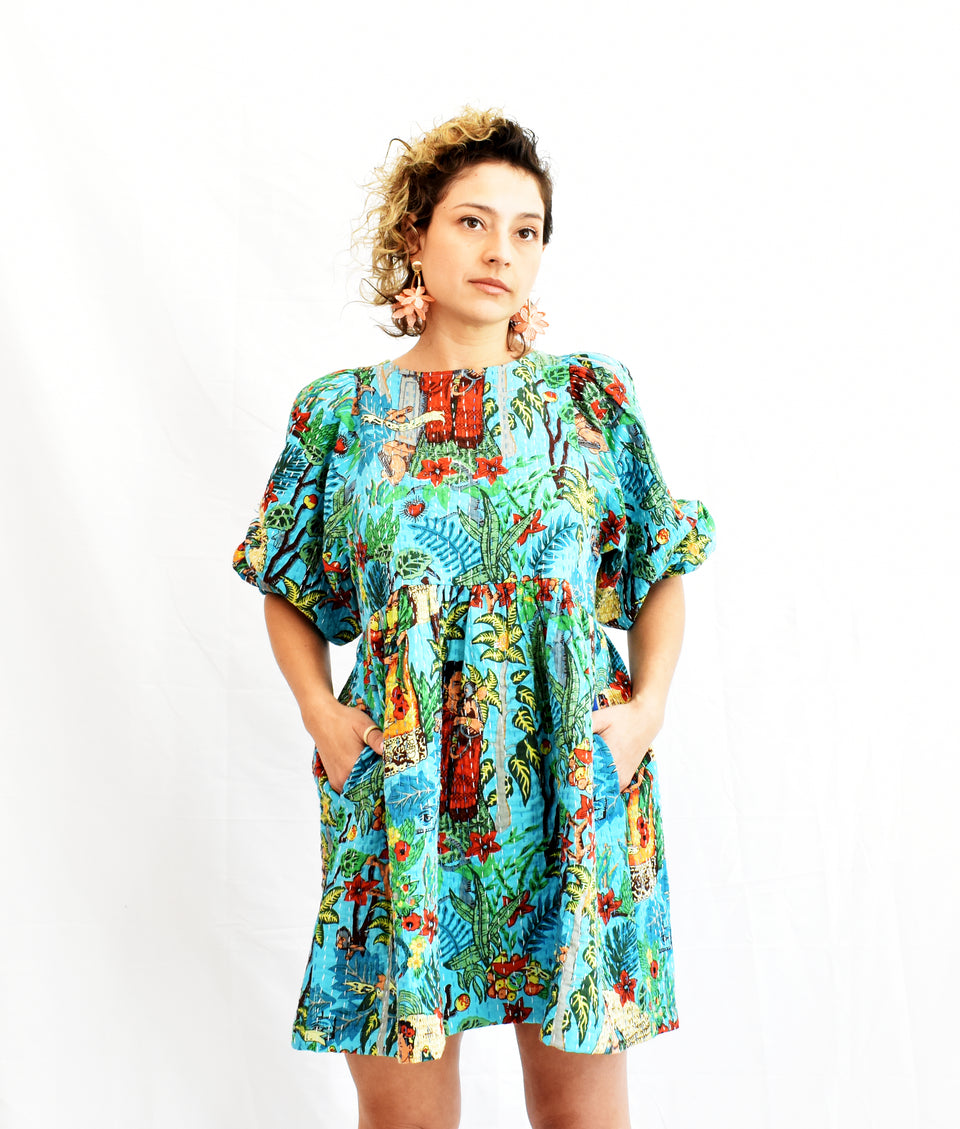 Luna Dress - Frida Kahlo Kantha Quilt - Cyan