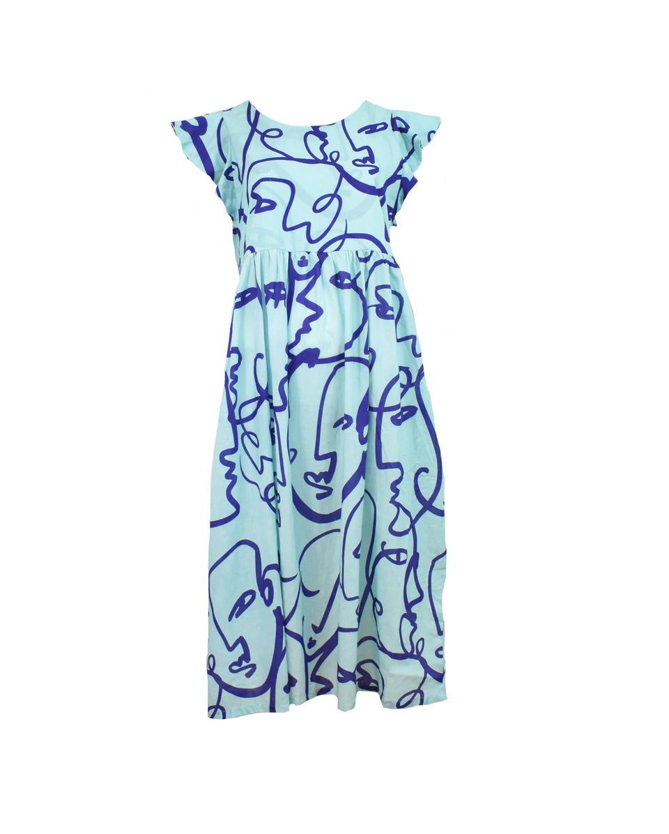 Modern Faces Flutter Sleeve Midi Dress - Sea Foam /Cobalt Blue