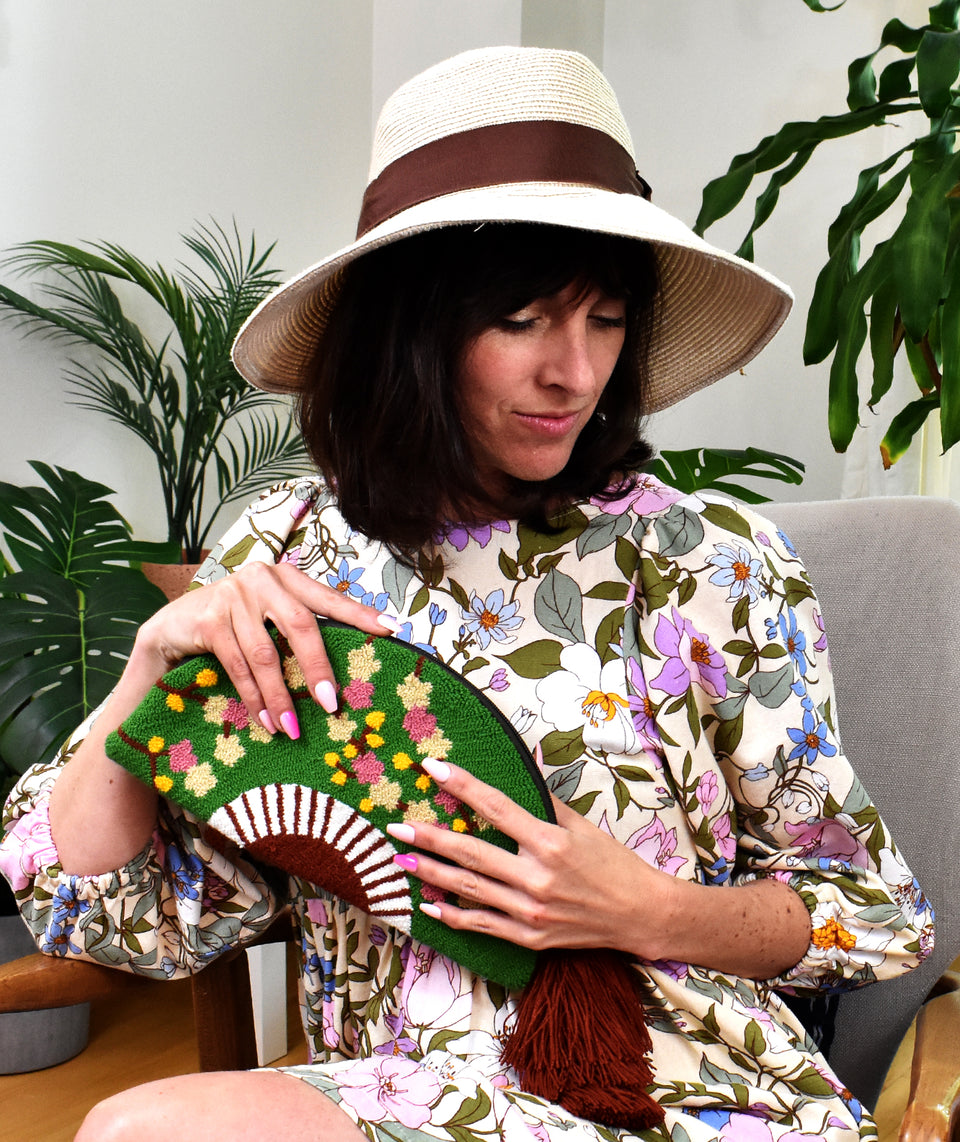 Dance Floor Fan Half Moon Clutch with Tassel and PomPom - Green Blossom